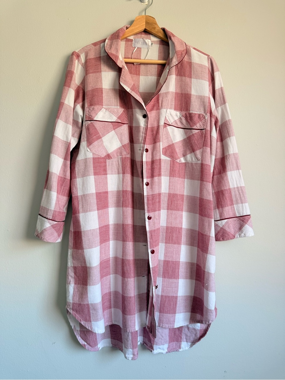 SALUA Pink Gingham 100% Cotton Oversized Sleep Shirt Dress M